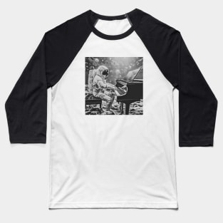Astronaut Playing Piano Symphony on a Water Planet (Black and White), Cosmic Crescendo Baseball T-Shirt